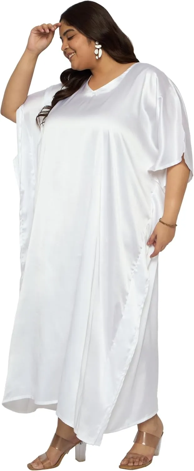 Plus Size Kaftan Women Dress Comfortable Solid Satin Nighty Maxi Dresses Kimono Sleeve Nightwear Caftan
