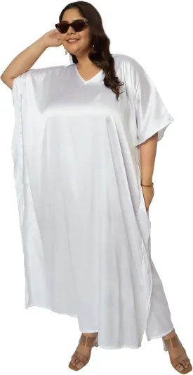 Plus Size Kaftan Women Dress Comfortable Solid Satin Nighty Maxi Dresses Kimono Sleeve Nightwear Caftan