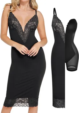 Popilush Lace Corset Dress for Women - V Neck Shapewear Tummy Control Midi Dresses - Spring Wedding Guest Party Night