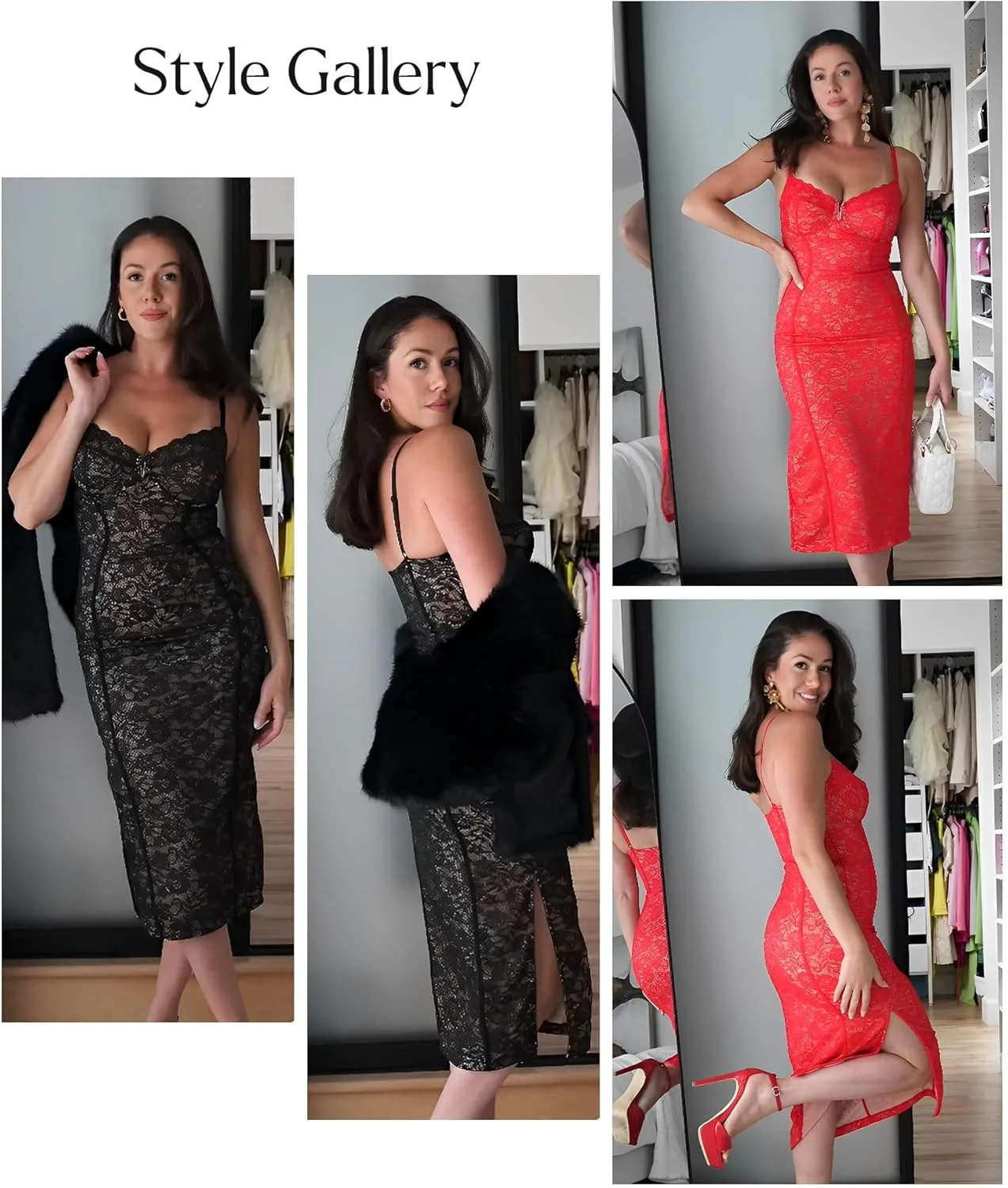 Popilush Lace Corset Dress with Built in Shapewear Cocktail Dresses for Women Deep V Neck Formal Midi Dress Side Slit