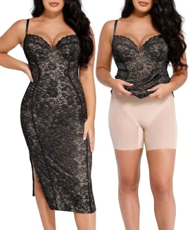 Popilush Lace Corset Dress with Built in Shapewear Cocktail Dresses for Women Deep V Neck Formal Midi Dress Side Slit