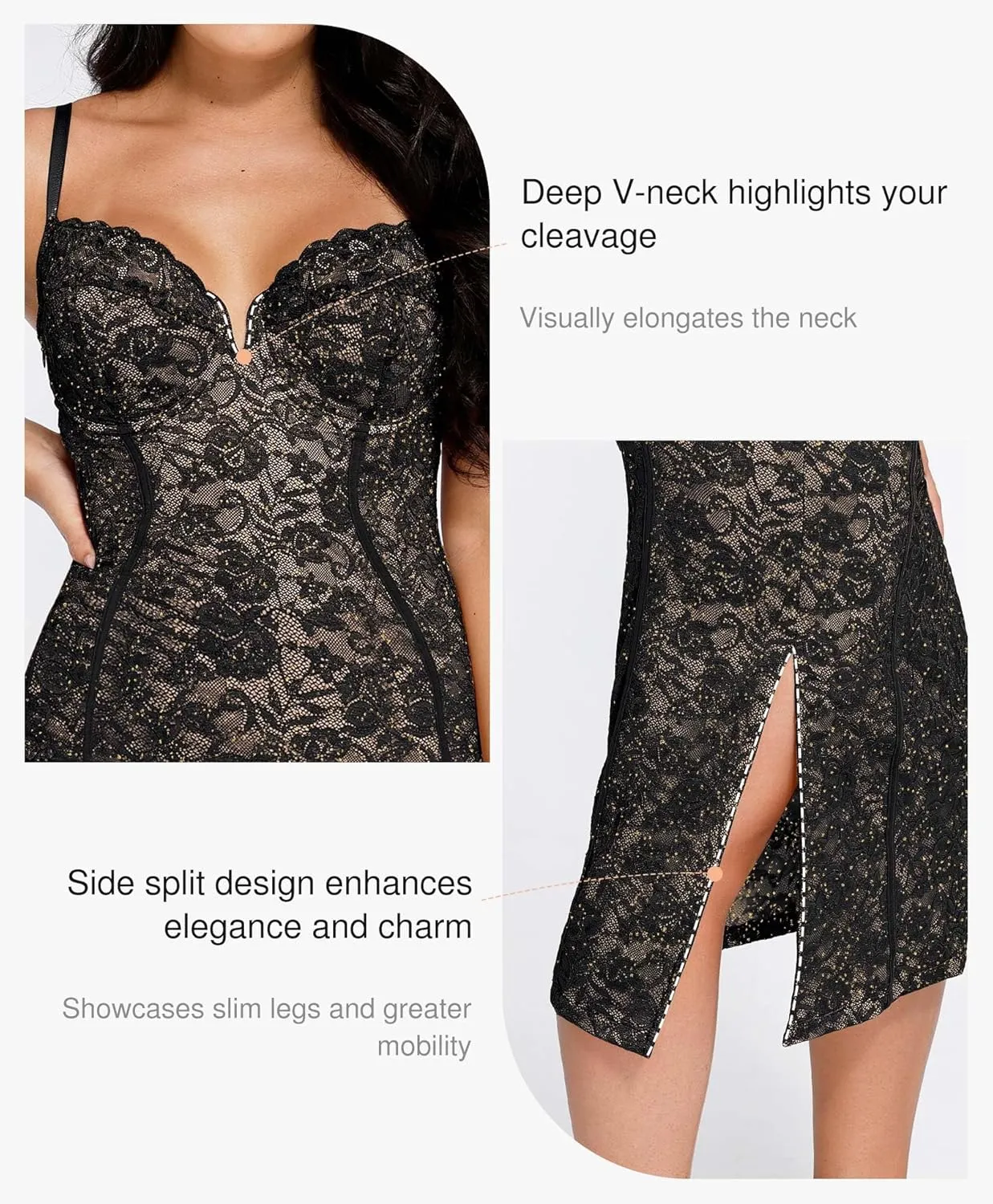 Popilush Lace Corset Dress with Built in Shapewear Cocktail Dresses for Women Deep V Neck Formal Midi Dress Side Slit