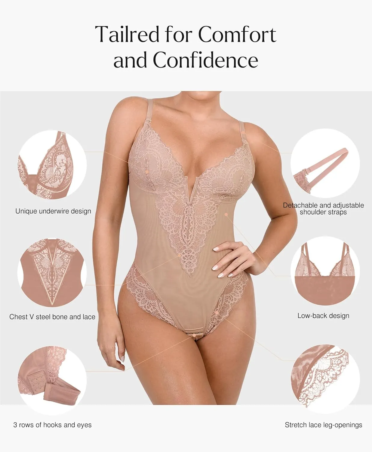 Popilush Lace Shapewear Bodysuit Tummy Control Corset Tops V Neck Sleeveless Backless Body Suit Thongs