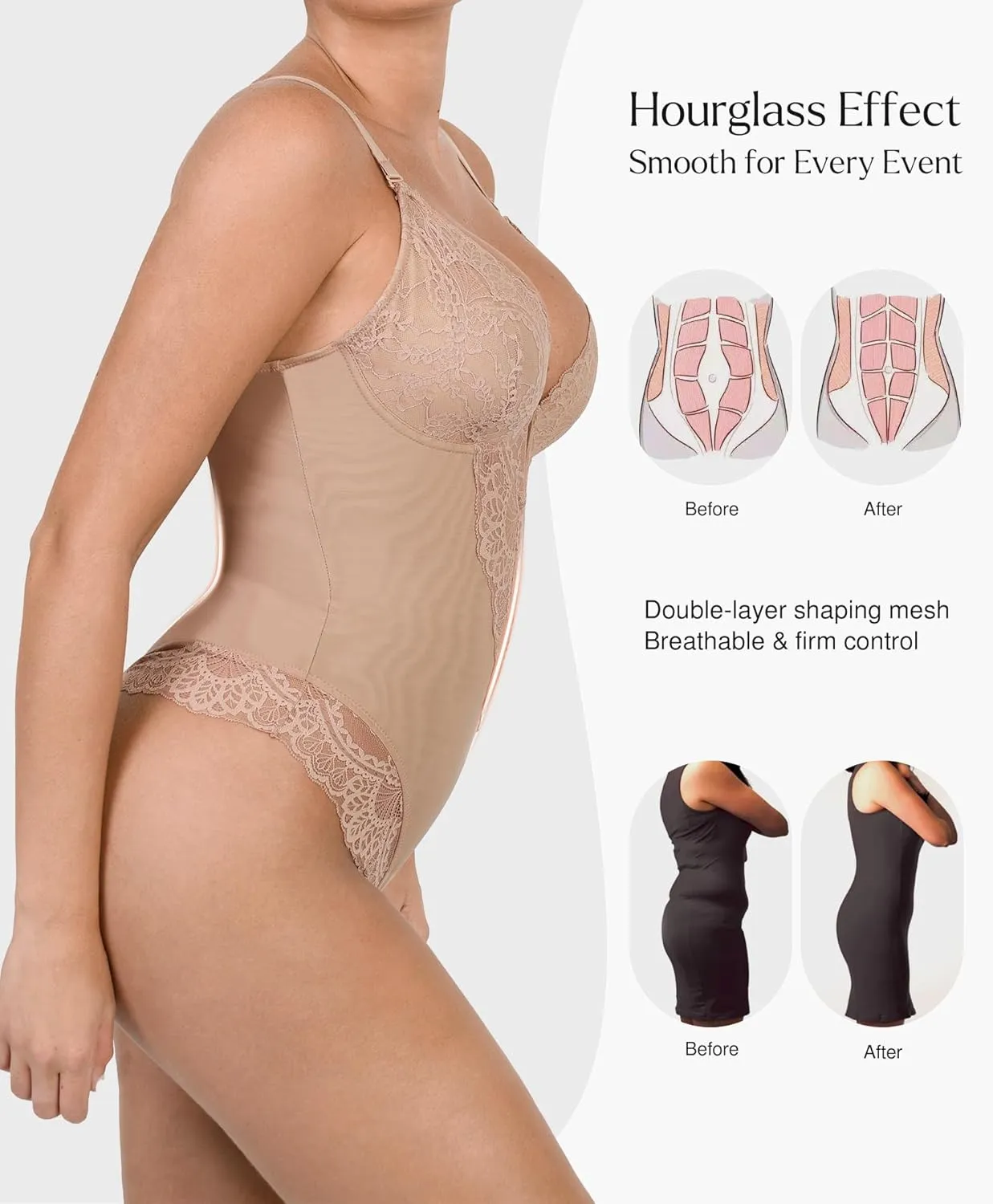 Popilush Lace Shapewear Bodysuit Tummy Control Corset Tops V Neck Sleeveless Backless Body Suit Thongs