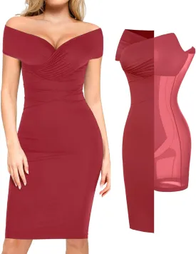 Popilush Off Shoulder Cocktail Dress Shapewear Tummy Control Midi Dresses for Women Wrap V Neck Formal Wedding Guest Dress