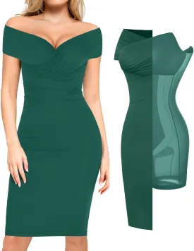 Popilush Off Shoulder Cocktail Dress Shapewear Tummy Control Midi Dresses for Women Wrap V Neck Formal Wedding Guest Dress