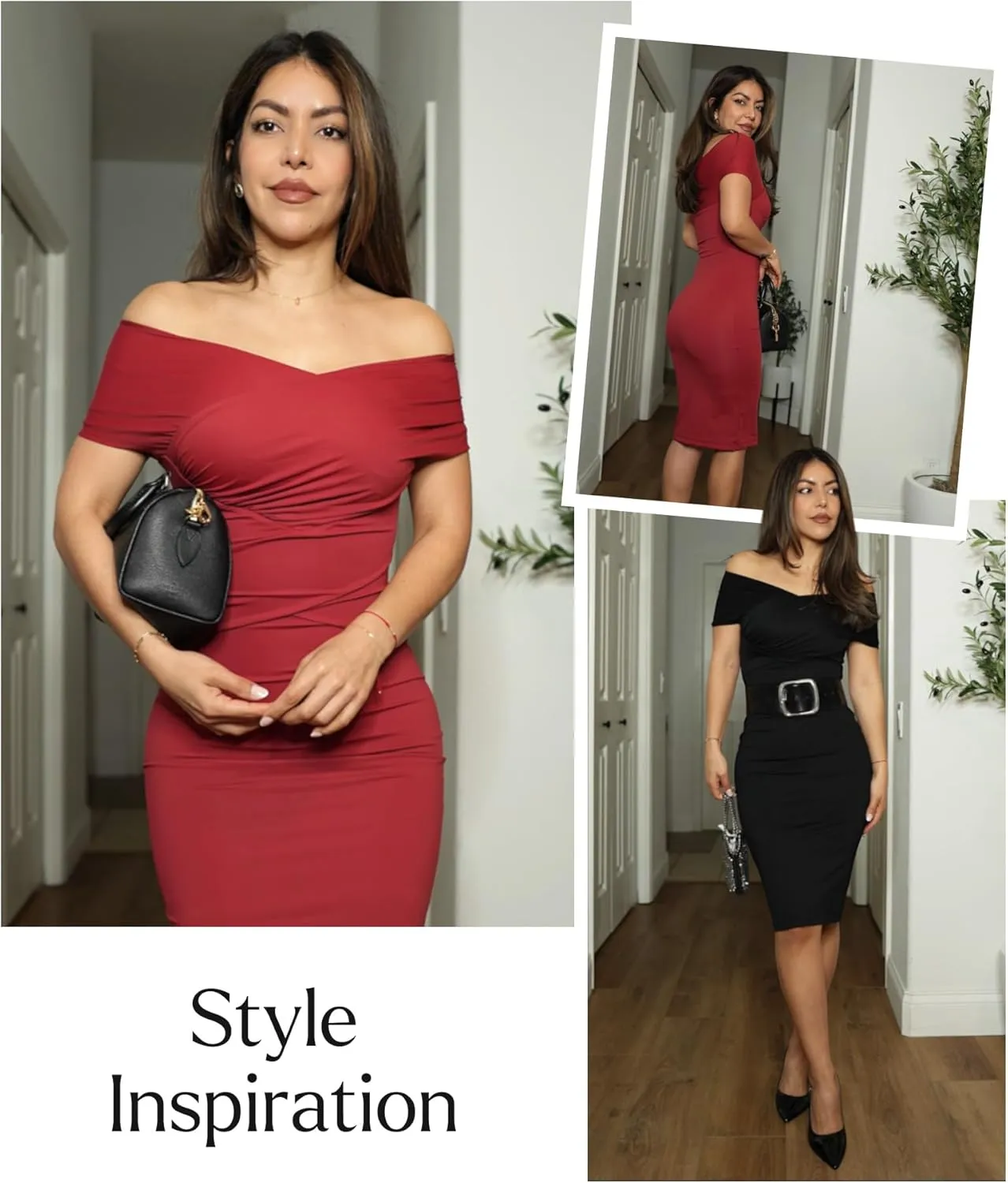 Popilush Off Shoulder Cocktail Dress Shapewear Tummy Control Midi Dresses for Women Wrap V Neck Formal Wedding Guest Dress