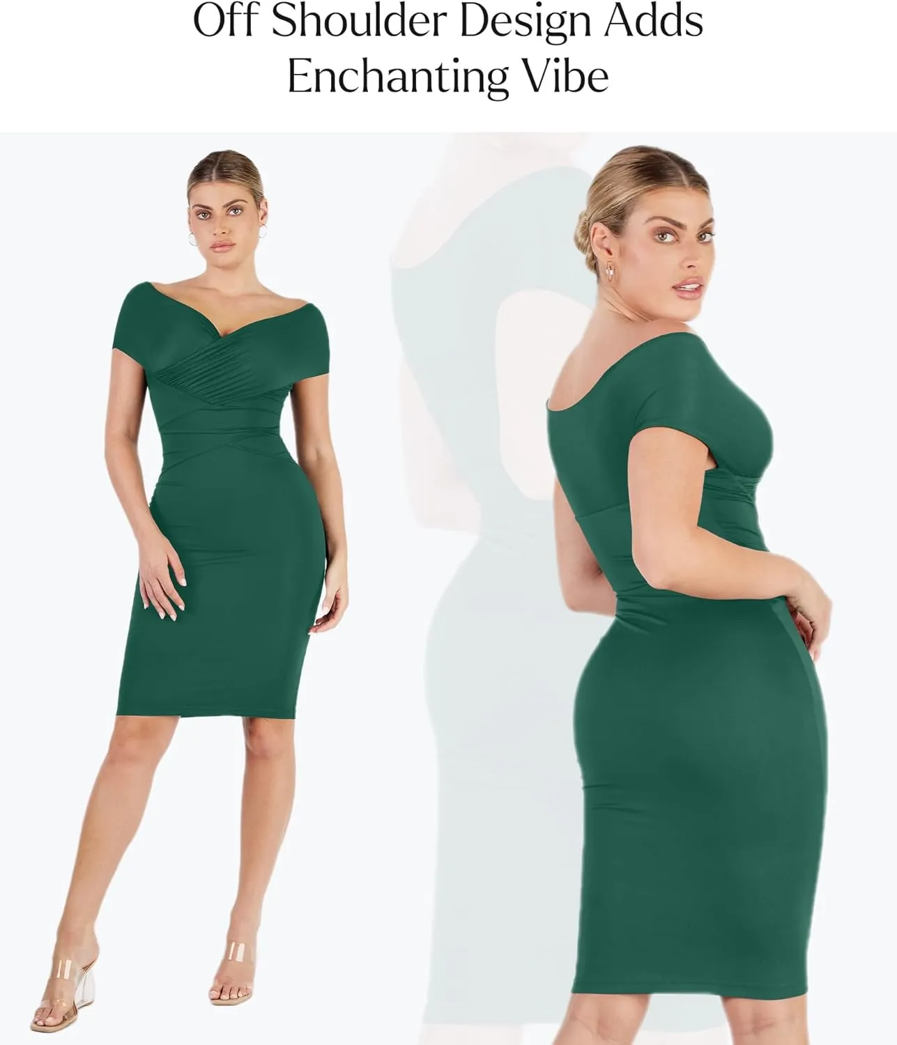 Popilush Off Shoulder Cocktail Dress Shapewear Tummy Control Midi Dresses for Women Wrap V Neck Formal Wedding Guest Dress
