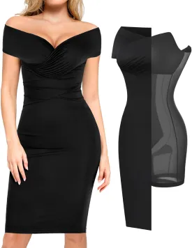 Popilush Off Shoulder Cocktail Dress Shapewear Tummy Control Midi Dresses for Women Wrap V Neck Formal Wedding Guest Dress