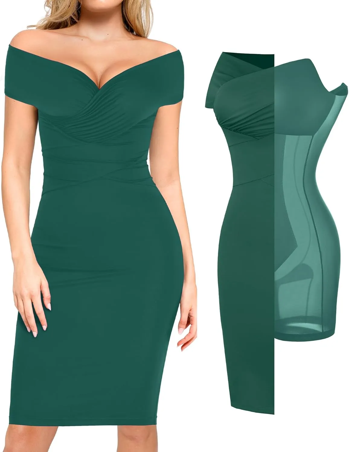 Popilush Off Shoulder Cocktail Dress Shapewear Tummy Control Midi Dresses for Women Wrap V Neck Formal Wedding Guest Dress