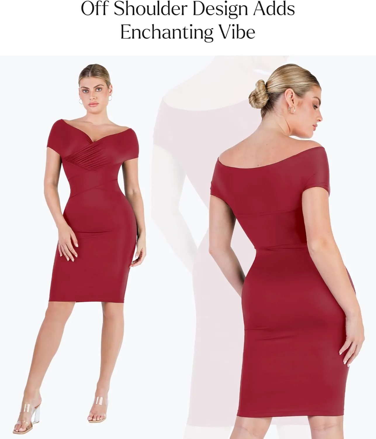 Popilush Off Shoulder Cocktail Dress Shapewear Tummy Control Midi Dresses for Women Wrap V Neck Formal Wedding Guest Dress