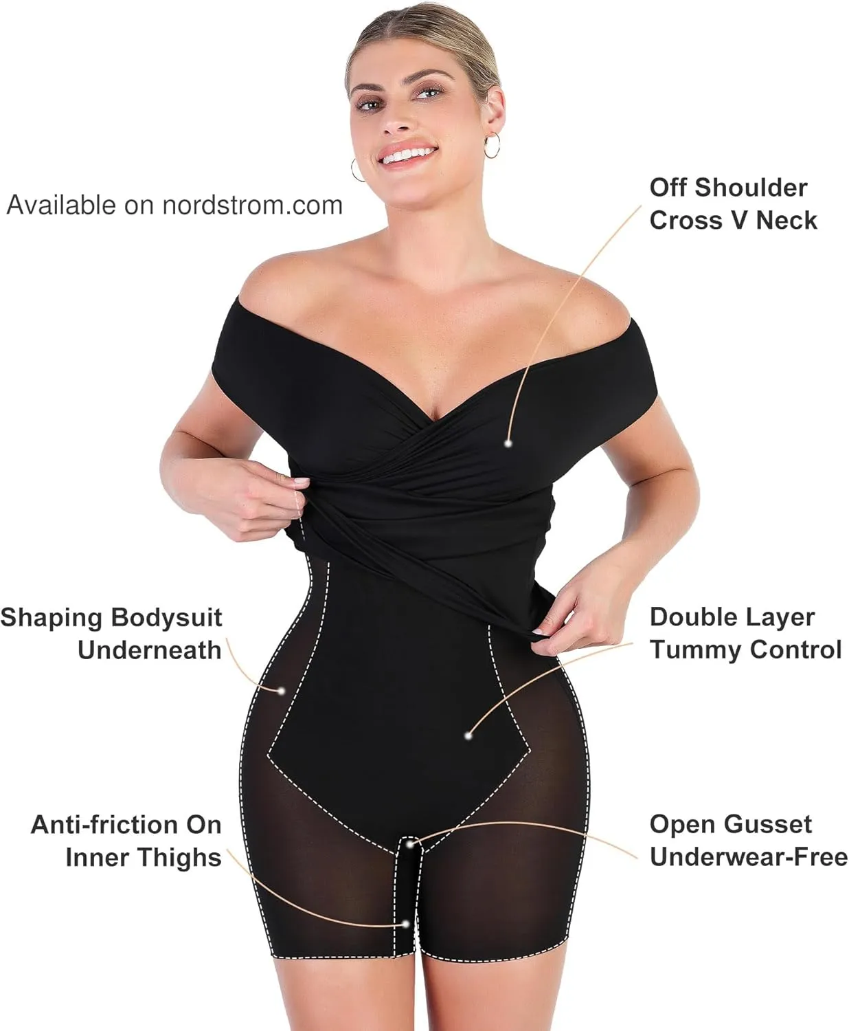 Popilush Off Shoulder Cocktail Dress Shapewear Tummy Control Midi Dresses for Women Wrap V Neck Formal Wedding Guest Dress