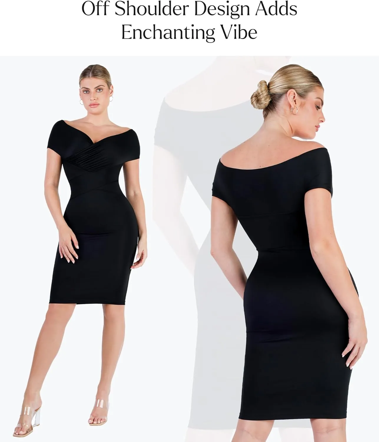 Popilush Off Shoulder Cocktail Dress Shapewear Tummy Control Midi Dresses for Women Wrap V Neck Formal Wedding Guest Dress