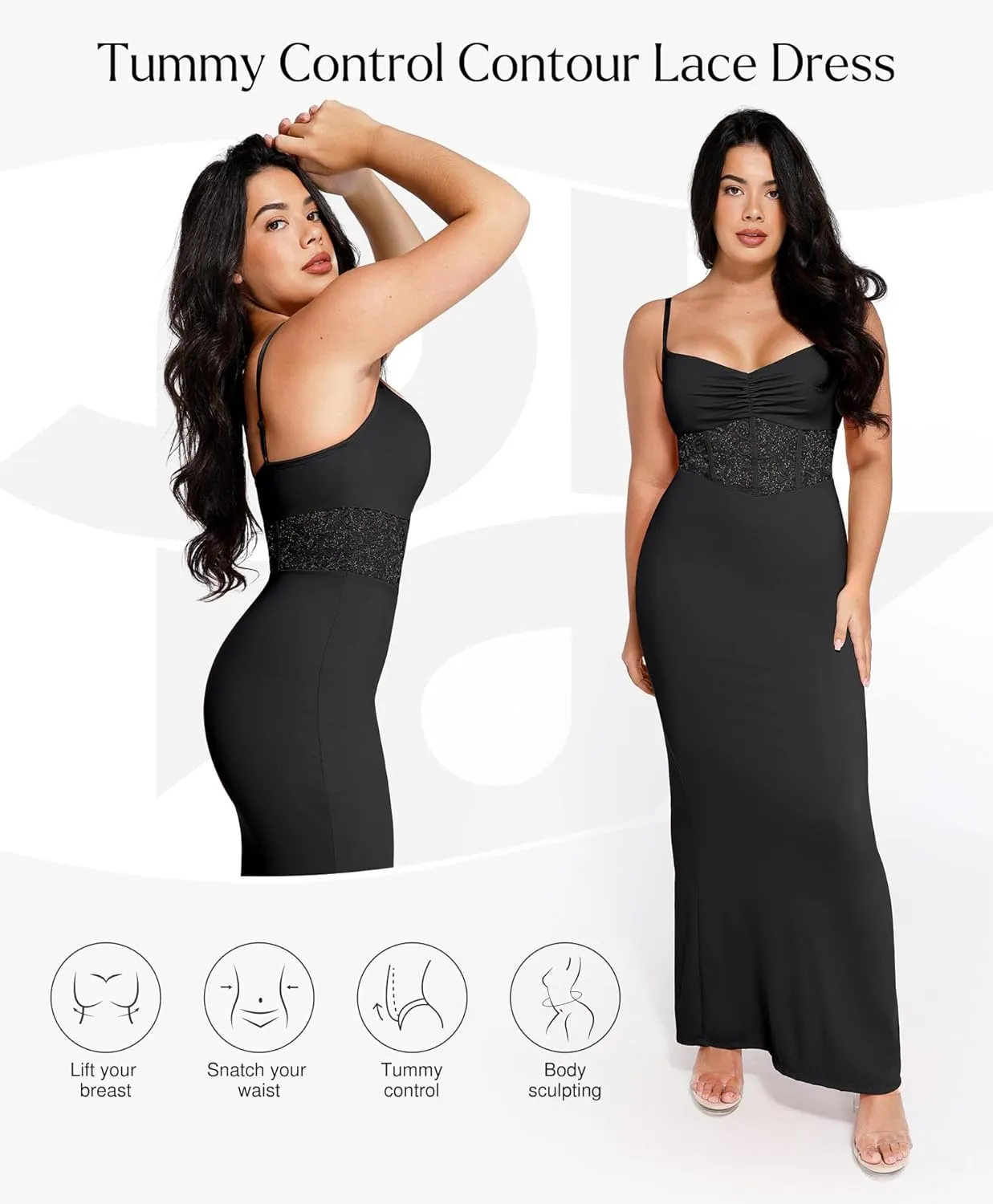 Popilush Shaper Dress Lace Formal Maxi Dresses with Built in Shapewear Corset Cocktail Party Dress Evening Gown