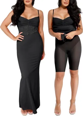 Popilush Shaper Dress Lace Formal Maxi Dresses with Built in Shapewear Corset Cocktail Party Dress Evening Gown