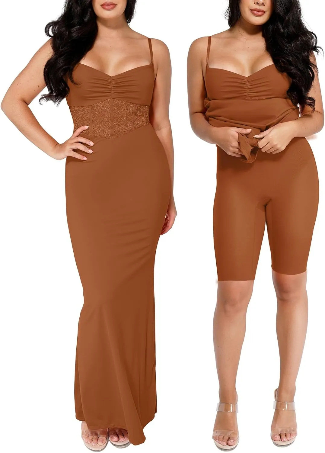 Popilush Shaper Dress Lace Formal Maxi Dresses with Built in Shapewear Corset Cocktail Party Dress Evening Gown