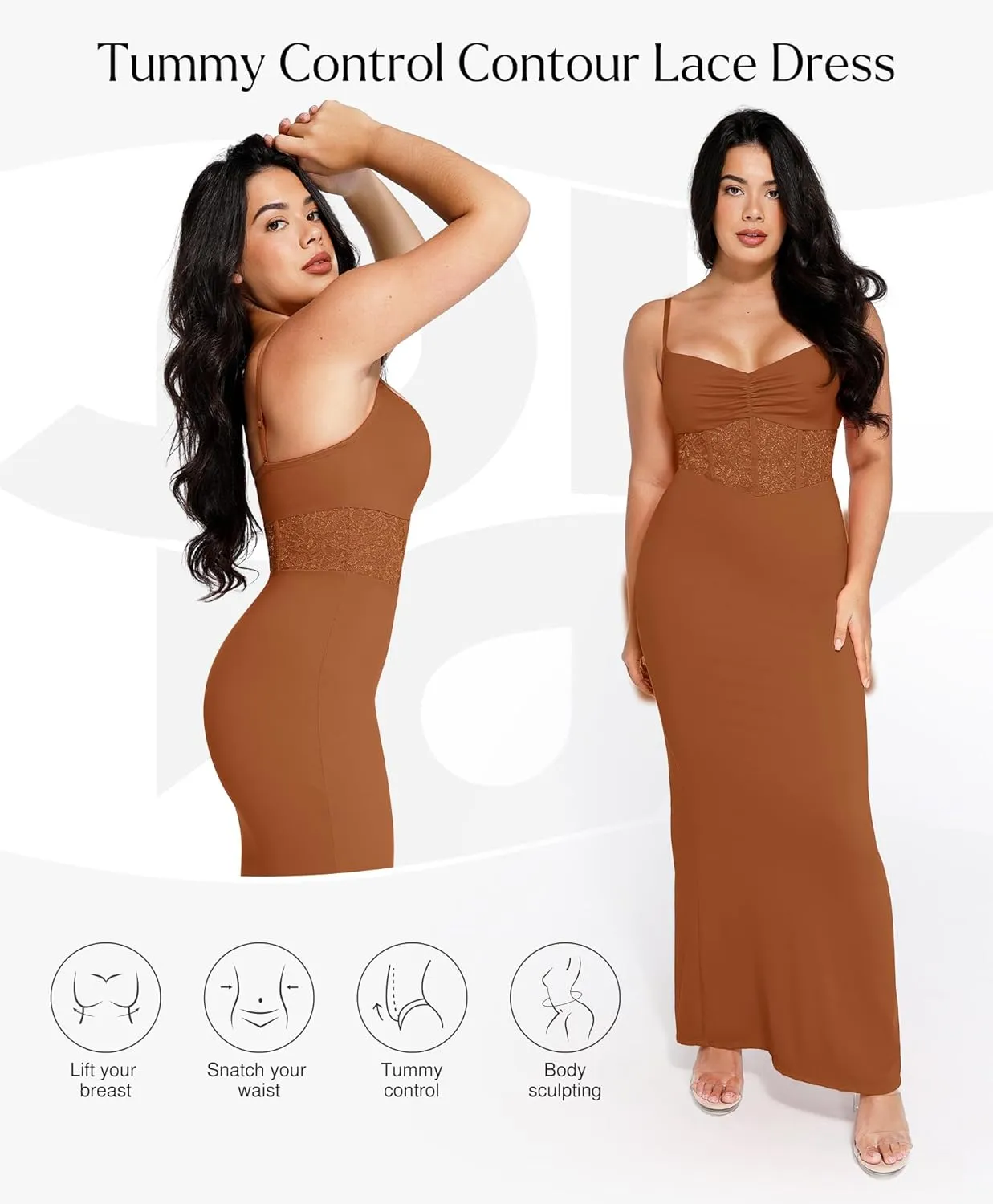 Popilush Shaper Dress Lace Formal Maxi Dresses with Built in Shapewear Corset Cocktail Party Dress Evening Gown