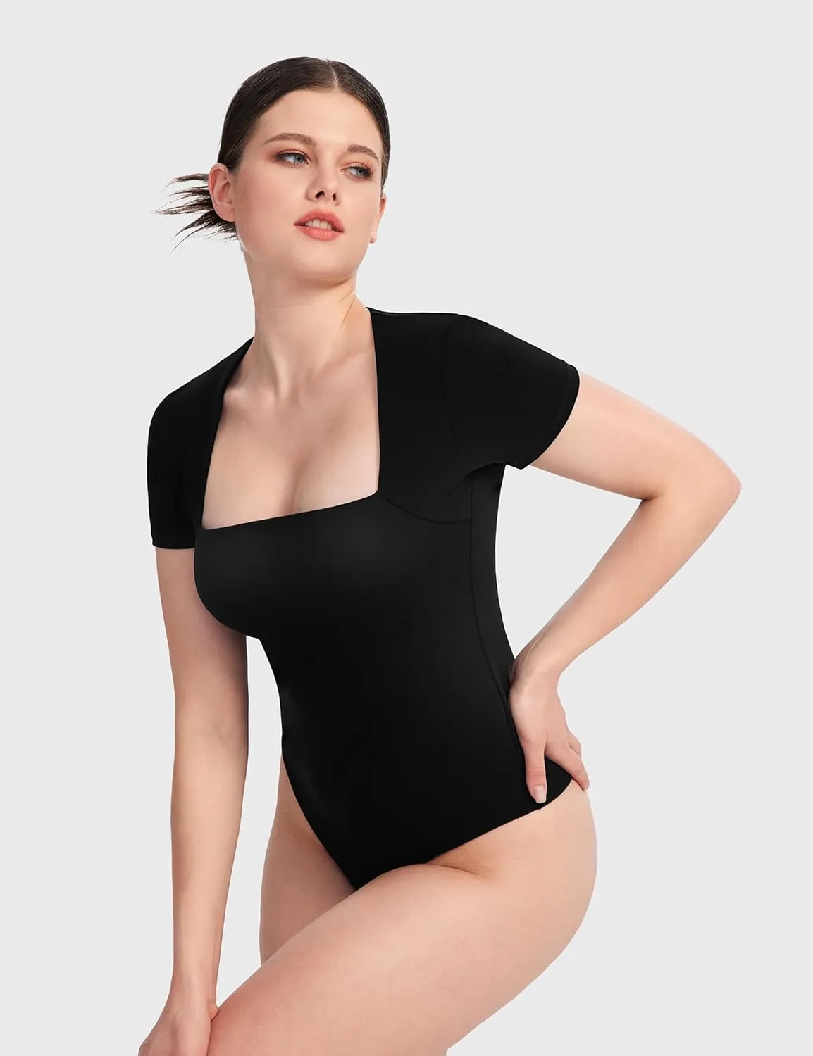 PUMIEY Women's Square Neck Short Sleeve Bodysuit T Shirts Tops For Women Trendy Smoke Cloud Pro Collection