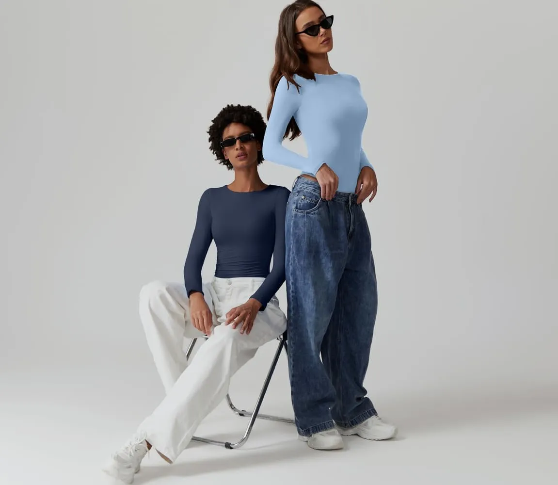 QINSEN Womens Crew Neck Long Sleeve Bodysuit Double Lined Body Suits Basic T-Shirt Tops