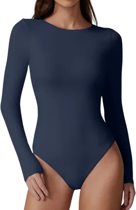 QINSEN Womens Crew Neck Long Sleeve Bodysuit Double Lined Body Suits Basic T-Shirt Tops