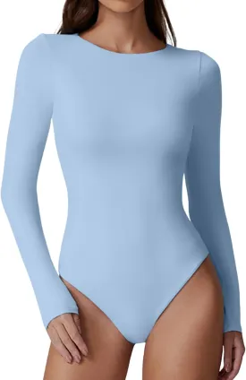 QINSEN Womens Crew Neck Long Sleeve Bodysuit Double Lined Body Suits Basic T-Shirt Tops