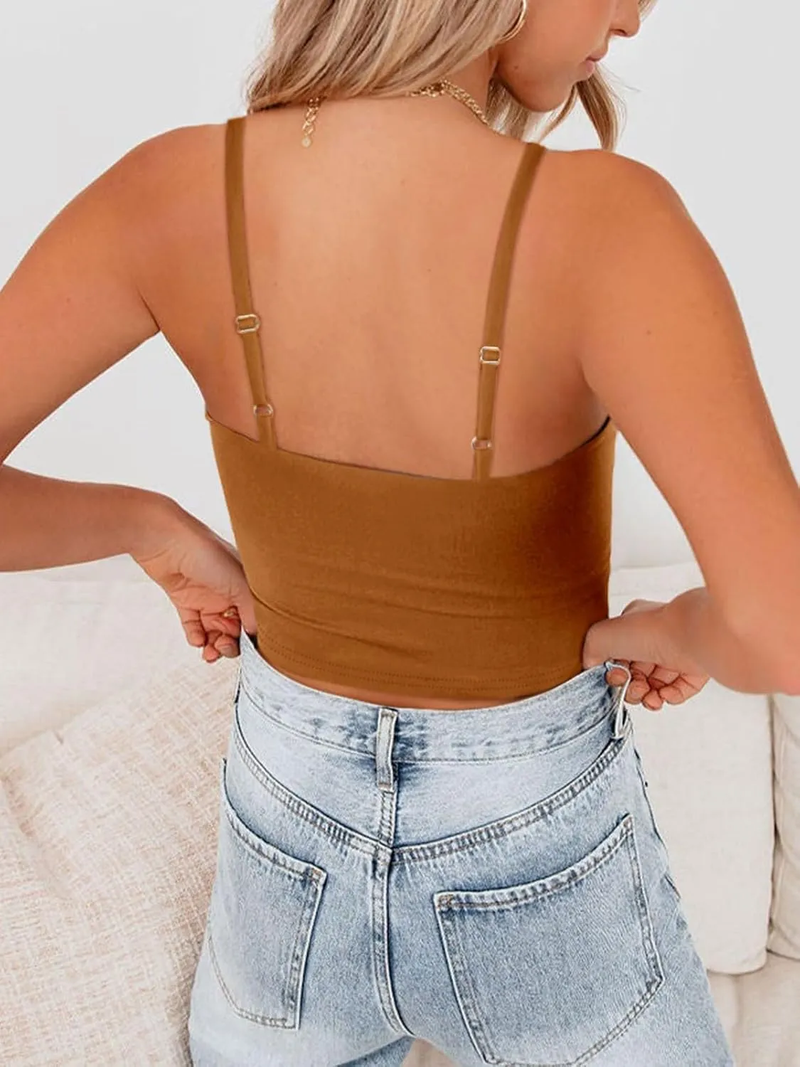 REORIA Butsmooth Women's Basic Sexy Deep Scoop Neck Double Lined Seamless Sleeveless Cropped Cami Tank Yoga Crop Tops