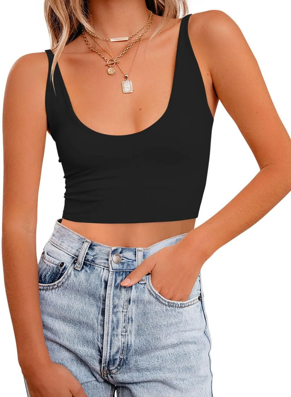 REORIA Butsmooth Women's Basic Sexy Deep Scoop Neck Double Lined Seamless Sleeveless Cropped Cami Tank Yoga Crop Tops