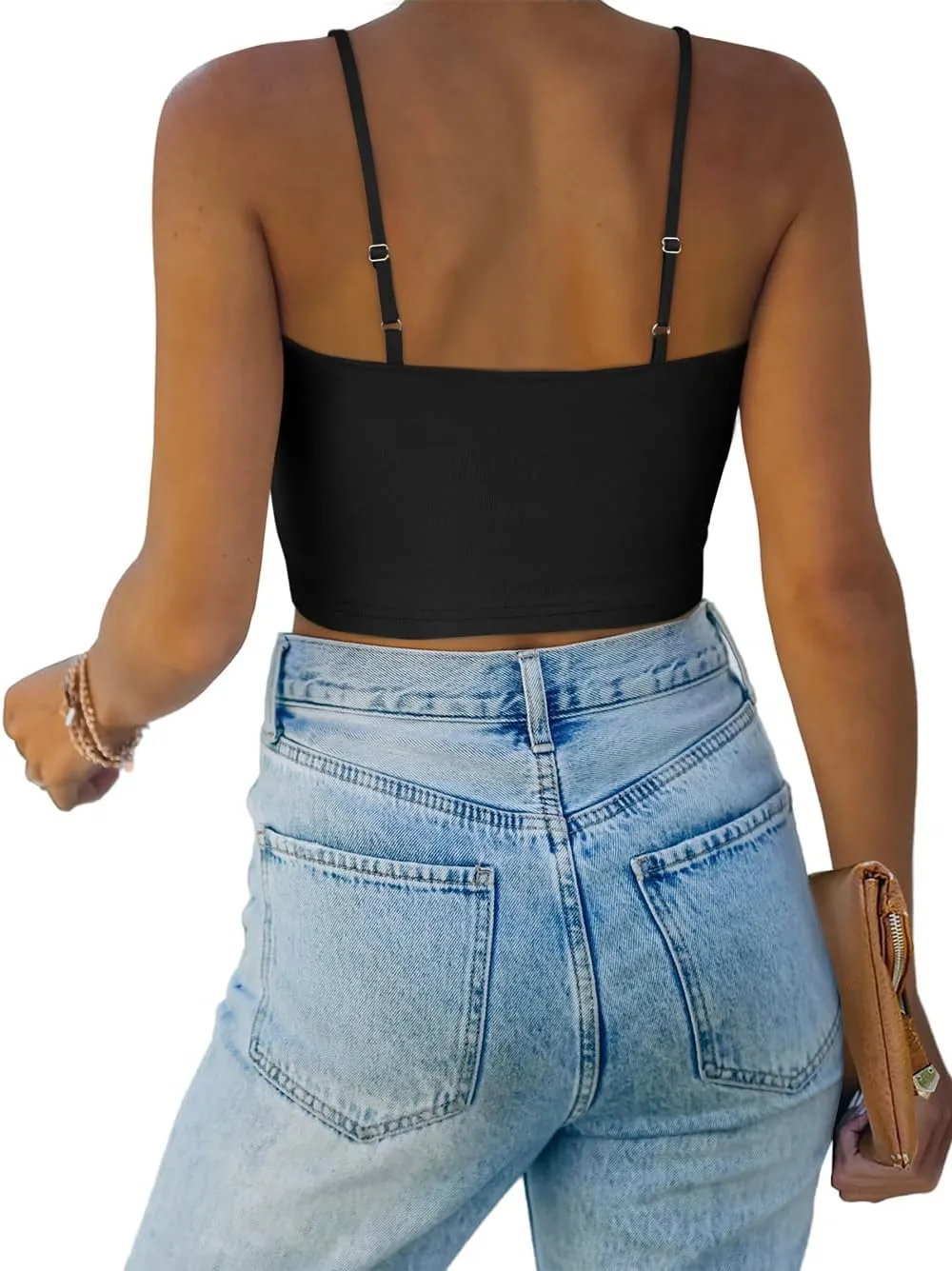 REORIA Butsmooth Women's Basic Sexy Deep Scoop Neck Double Lined Seamless Sleeveless Cropped Cami Tank Yoga Crop Tops