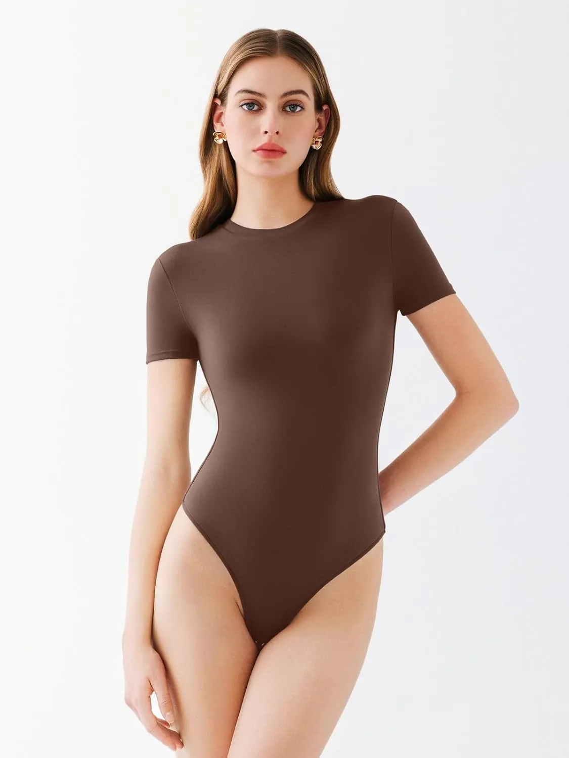 REORIA Womens Crew Neck Short Sleeve Thong Bodysuits Double Lined Comfy Slim T Shirt Tops