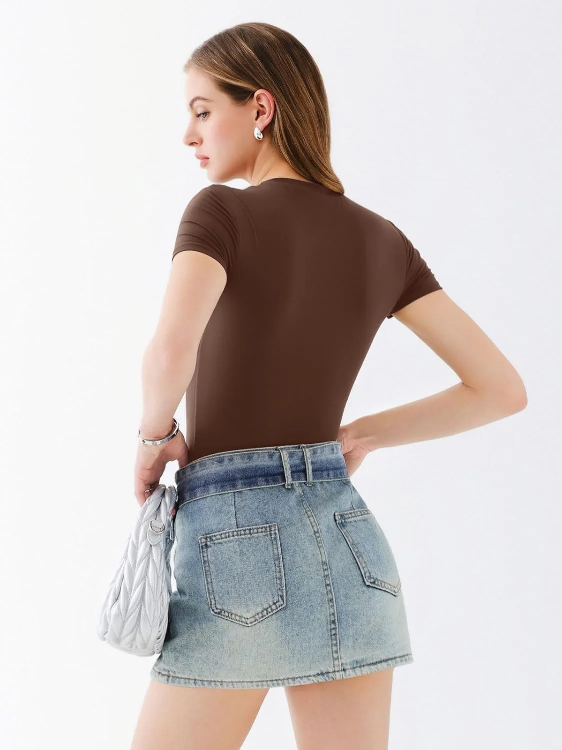 REORIA Womens Crew Neck Short Sleeve Thong Bodysuits Double Lined Comfy Slim T Shirt Tops