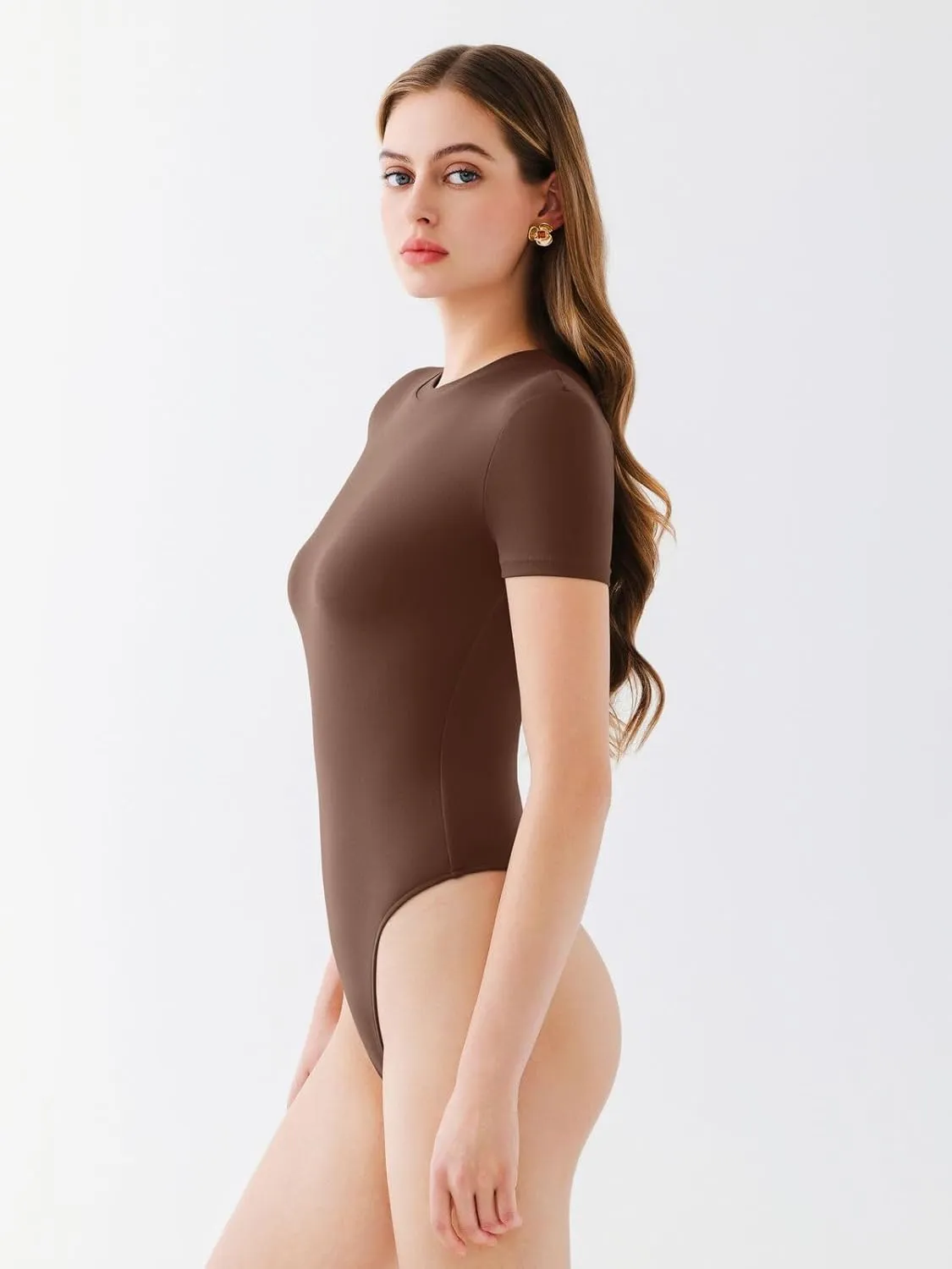 REORIA Womens Crew Neck Short Sleeve Thong Bodysuits Double Lined Comfy Slim T Shirt Tops