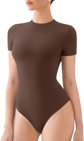 REORIA Womens Crew Neck Short Sleeve Thong Bodysuits Double Lined Comfy Slim T Shirt Tops
