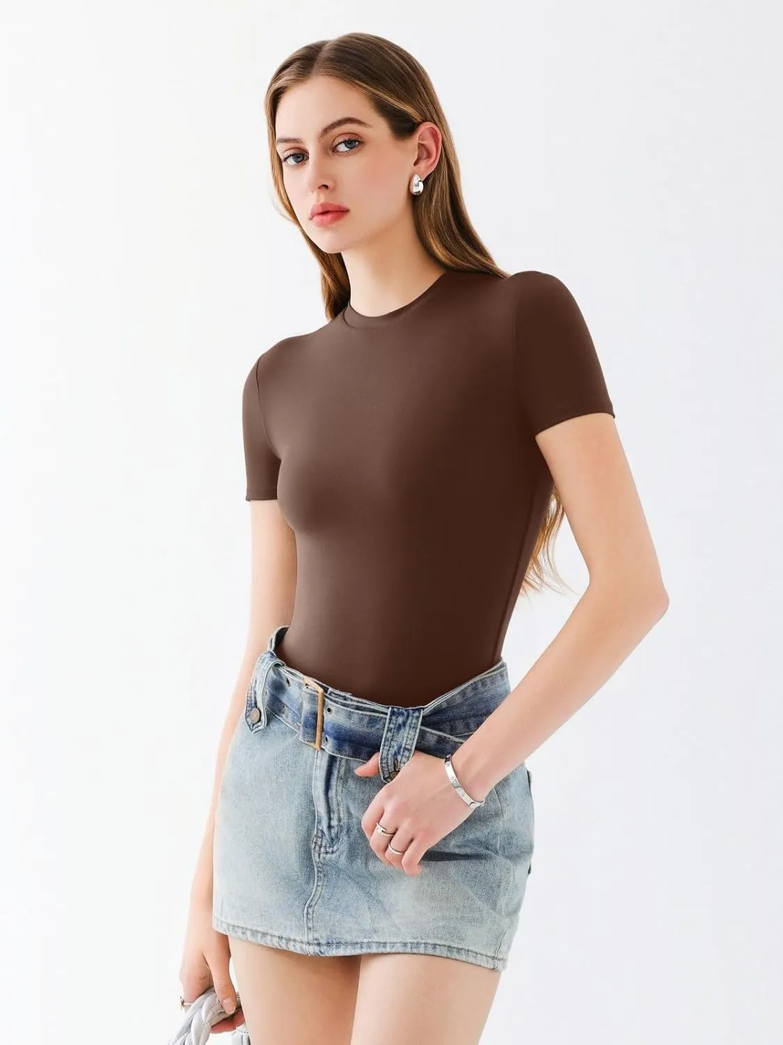 REORIA Womens Crew Neck Short Sleeve Thong Bodysuits Double Lined Comfy Slim T Shirt Tops