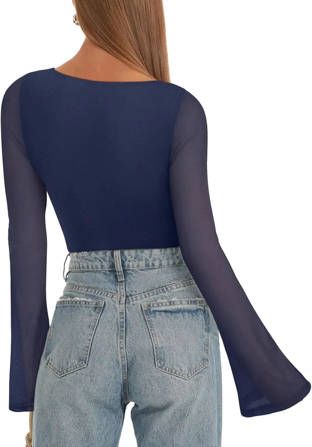 REORIA Women's Trendy Sexy Boat Neck Bell Sleeve Sheer Mesh Going Out Bodysuit Tops