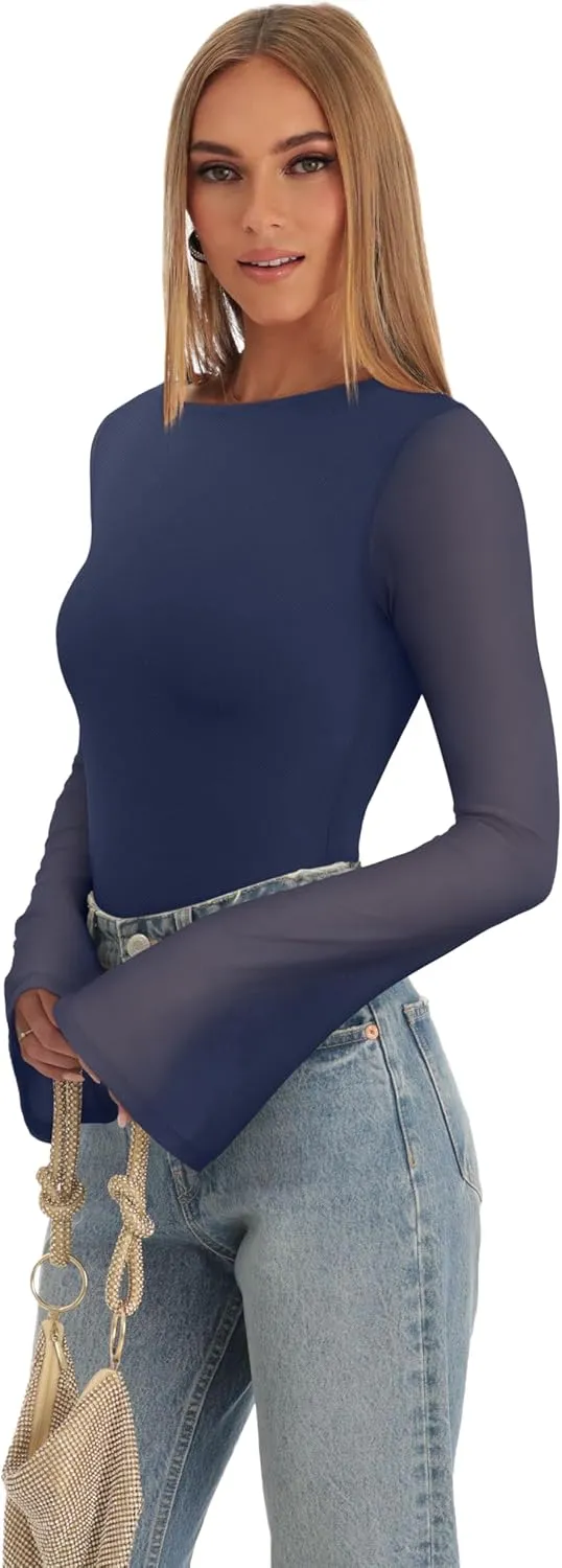 REORIA Women's Trendy Sexy Boat Neck Bell Sleeve Sheer Mesh Going Out Bodysuit Tops