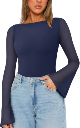 REORIA Women's Trendy Sexy Boat Neck Bell Sleeve Sheer Mesh Going Out Bodysuit Tops