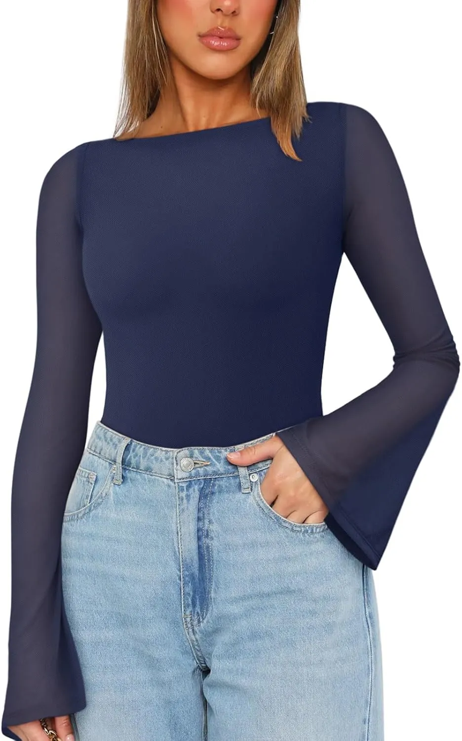 REORIA Women's Trendy Sexy Boat Neck Bell Sleeve Sheer Mesh Going Out Bodysuit Tops