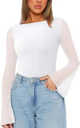 REORIA Women's Trendy Sexy Boat Neck Bell Sleeve Sheer Mesh Going Out Bodysuit Tops