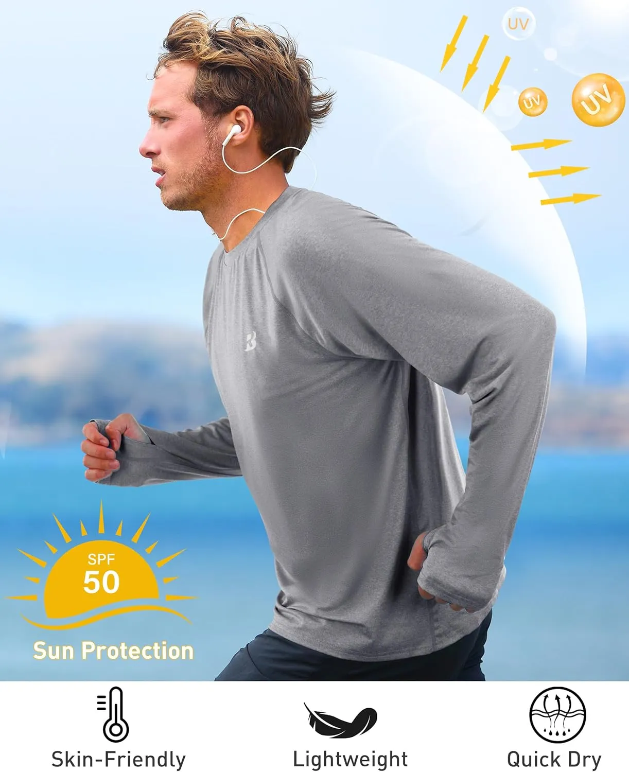 Roadbox UPF 50  Mens Swim Shirts, Long Sleeve Sun Protection Fishing Rash Guard, Quick Dry UV Hiking Shirt with Thumbhole