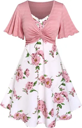 Rosegal Plus Size Women Floral Sundress Set Twisted Crop Top and Cottagecore Ruffles Floral Cami Dress