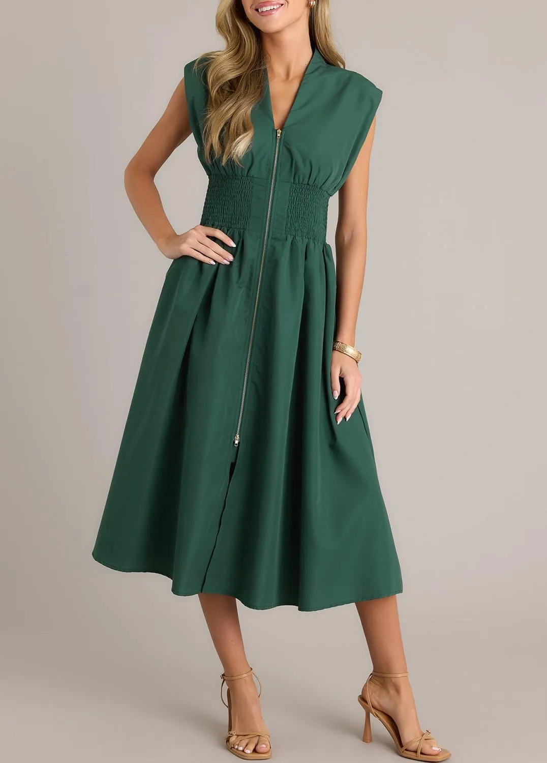 ROYLAMP Womens Summer Casual Dress Vintage Cocktail Wrap & Shape Dress V Neck Zipper Front Flowy Midi Dress with Pockets