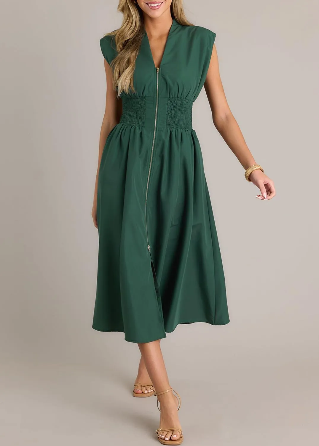 ROYLAMP Womens Summer Casual Dress Vintage Cocktail Wrap & Shape Dress V Neck Zipper Front Flowy Midi Dress with Pockets
