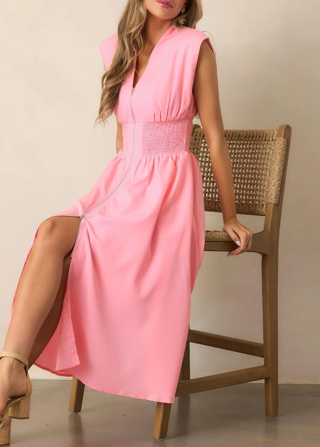 ROYLAMP Womens Summer Casual Dress Vintage Cocktail Wrap & Shape Dress V Neck Zipper Front Flowy Midi Dress with Pockets