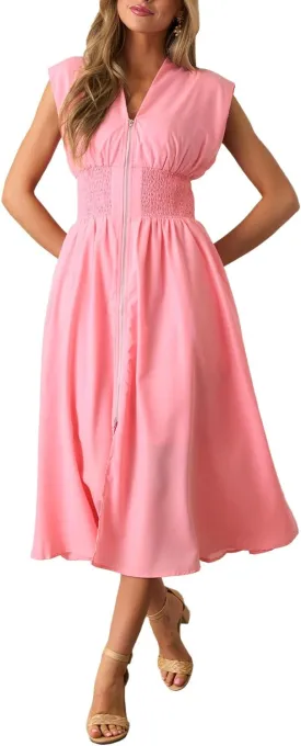 ROYLAMP Womens Summer Casual Dress Vintage Cocktail Wrap & Shape Dress V Neck Zipper Front Flowy Midi Dress with Pockets