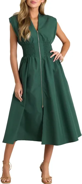 ROYLAMP Womens Summer Casual Dress Vintage Cocktail Wrap & Shape Dress V Neck Zipper Front Flowy Midi Dress with Pockets