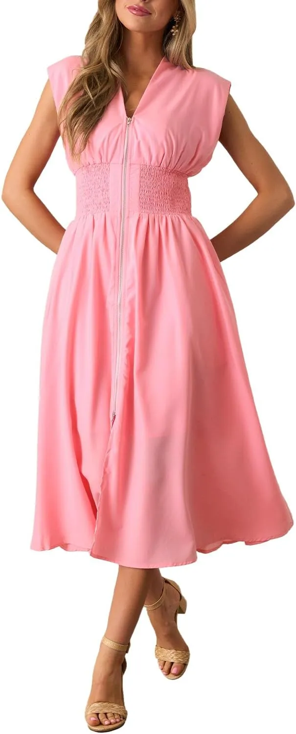 ROYLAMP Womens Summer Casual Dress Vintage Cocktail Wrap & Shape Dress V Neck Zipper Front Flowy Midi Dress with Pockets