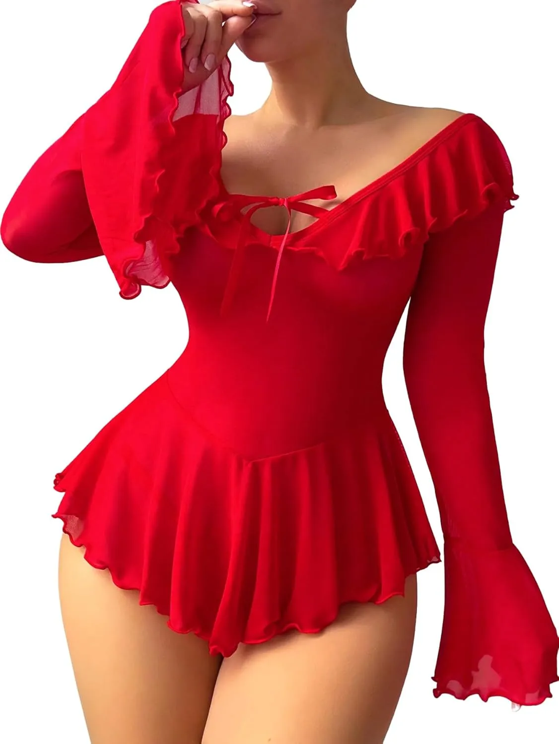 Sexy Rave Ruffle Bell Sleeve Mesh Sheer Babydoll Lingerie Set Dress with Thong 2 Piece