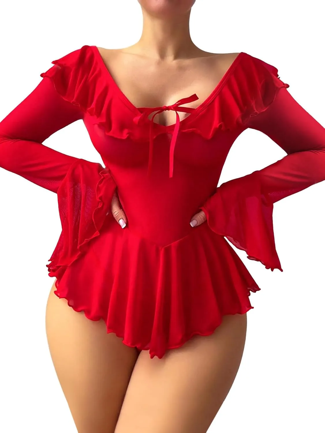 Sexy Rave Ruffle Bell Sleeve Mesh Sheer Babydoll Lingerie Set Dress with Thong 2 Piece