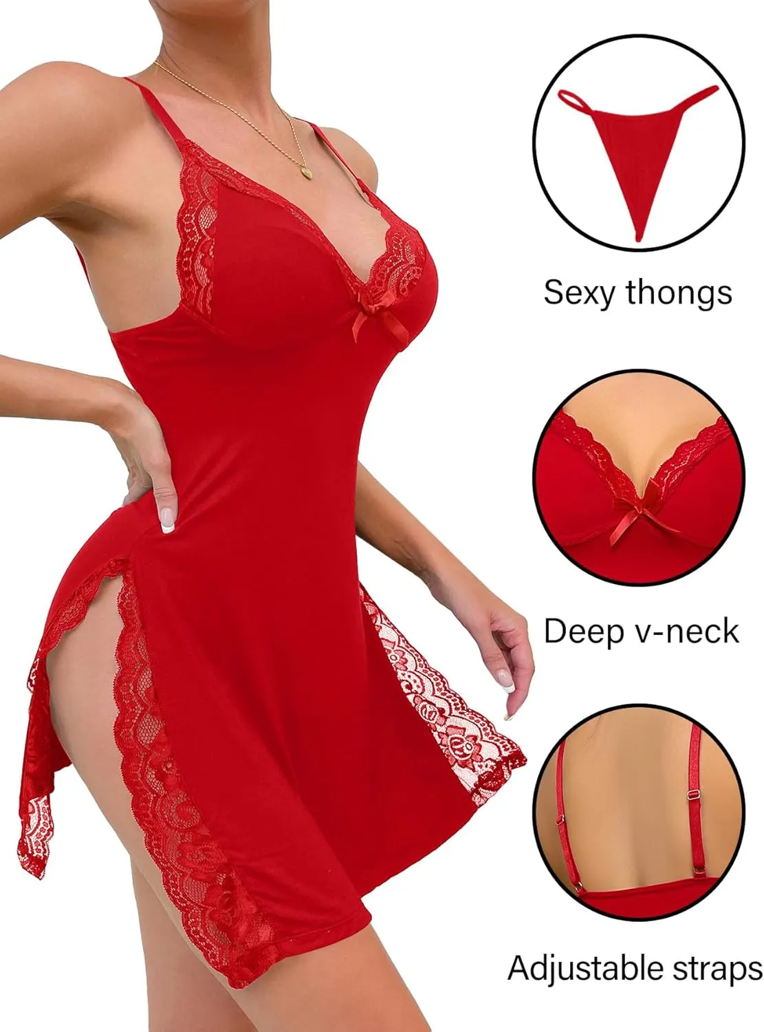 Sexy Split Side Floral Lace Trim Full Slip Night Gown Babydoll Lingerie Dress
