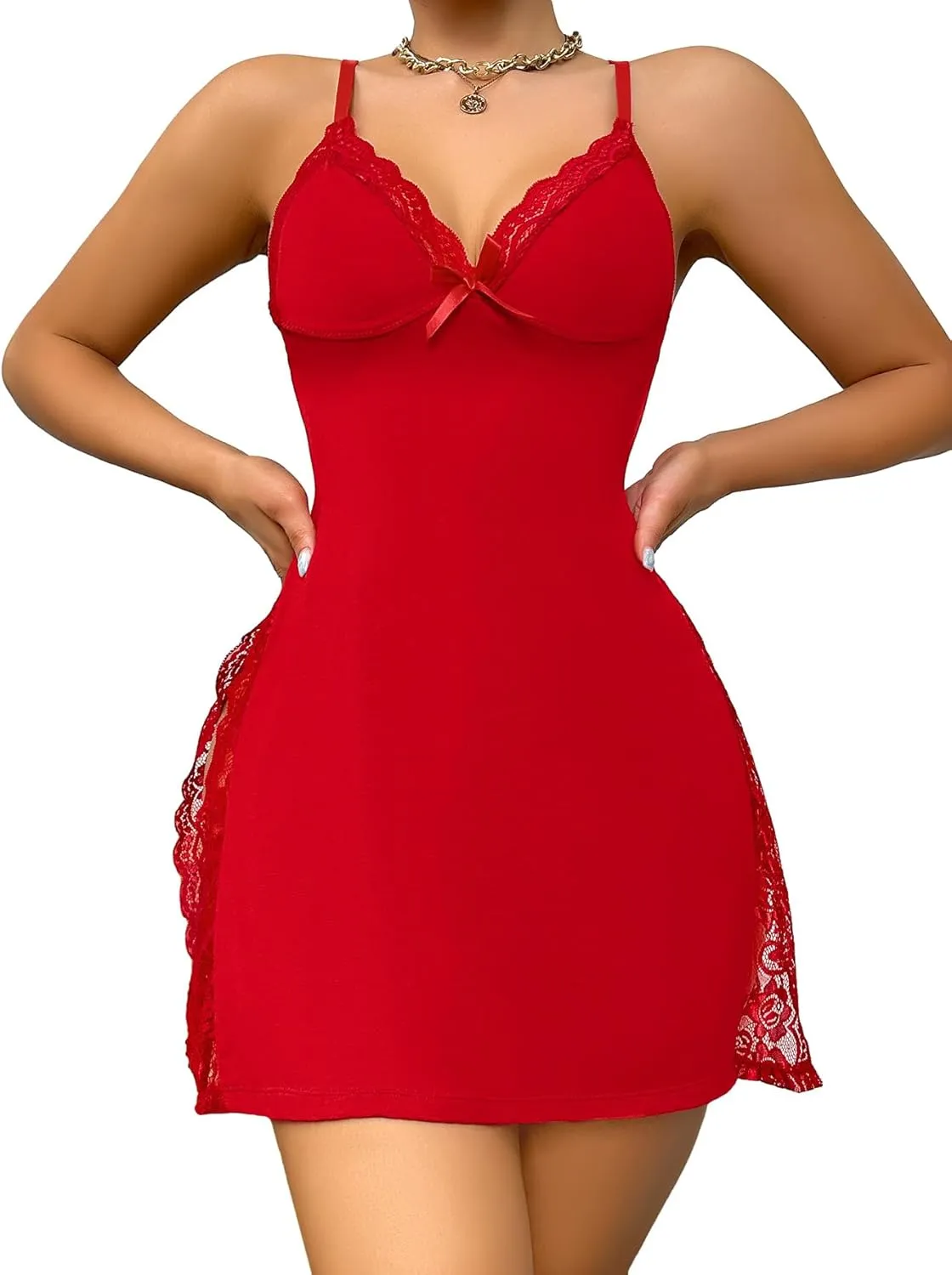 Sexy Split Side Floral Lace Trim Full Slip Night Gown Babydoll Lingerie Dress